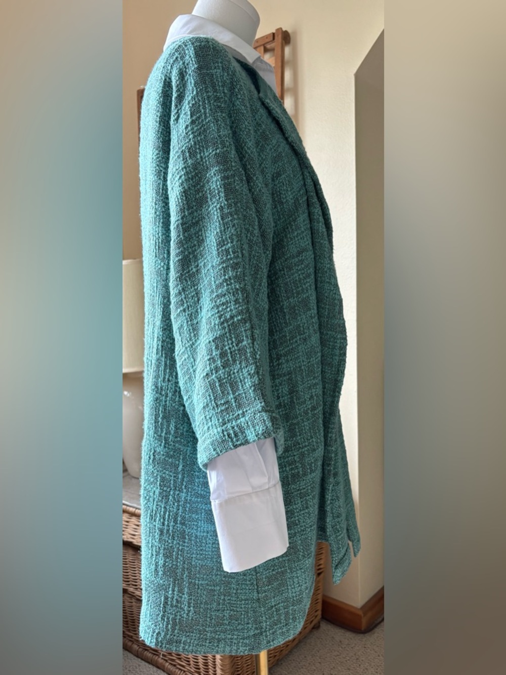 Masai Classic Open-Front Textured Cotton Boucle Knit Teal Oversized Jacket - XL - Picture 6 of 9
